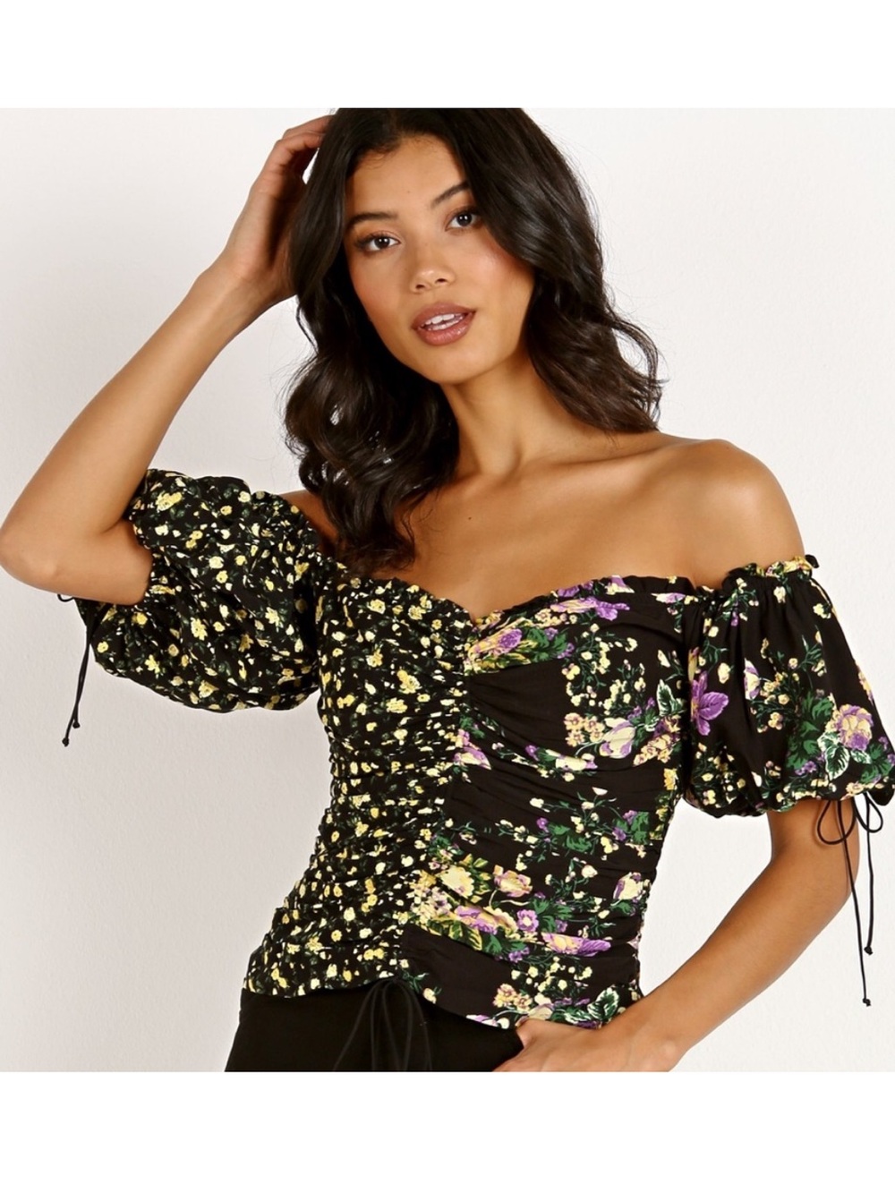 For Love & Lemons Eileen Off The Shoulder Top Size Small October Floral Black